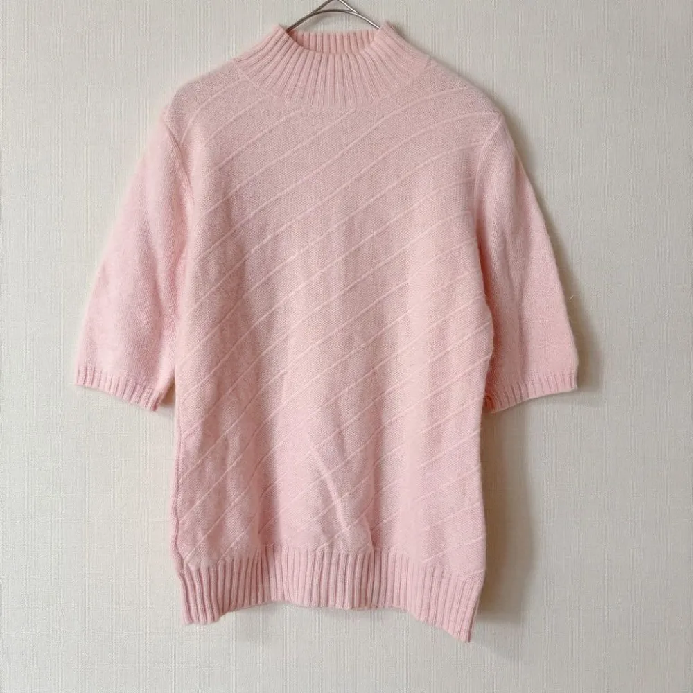 b.k.m.s 半袖ニット アンゴラ混 ウール混 ラメ M ピンク ハイネック