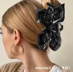 髪 クリップ 髪留め 黒 モノトーン リボン バンスクリップ大きめ 韓国 上品