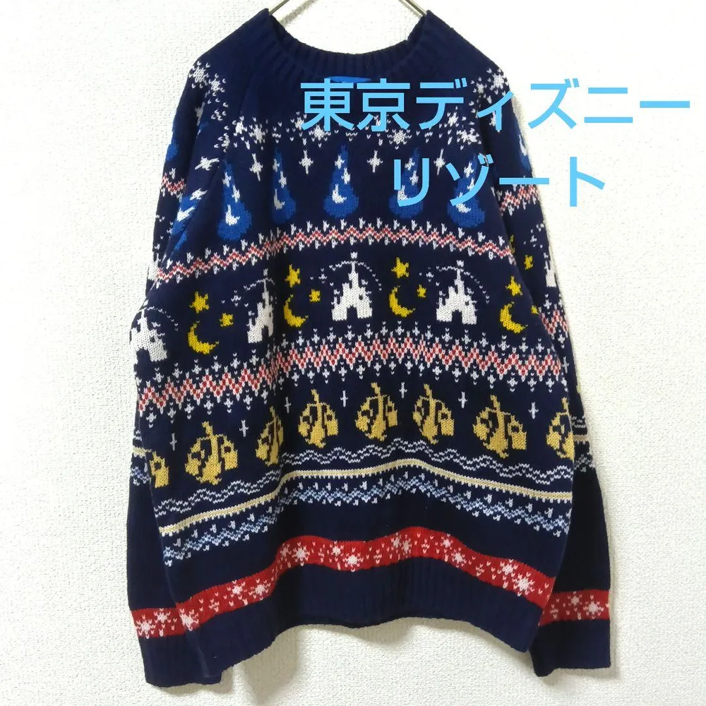 【美品】東京ディズニー限定 ファンタジック柄 ジャガードニット ネイビー