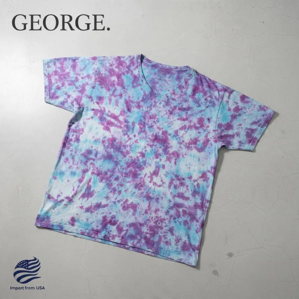 【GEORGE】タイダイ柄 Vネック Tシャツ 3XL ゆったり 青 USA古着
