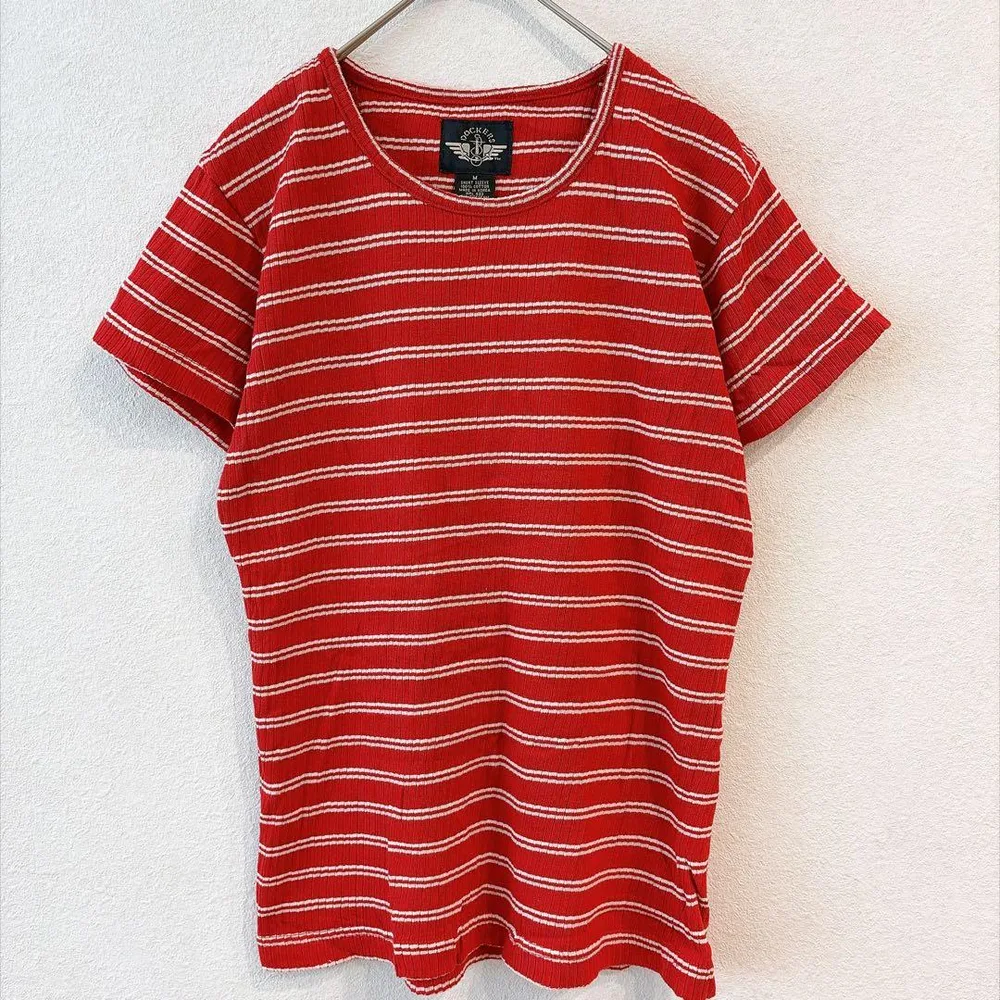 ドッカーズ Tシャツ 丸首 半袖 ボーダー M 赤 綿 リブ デイリー