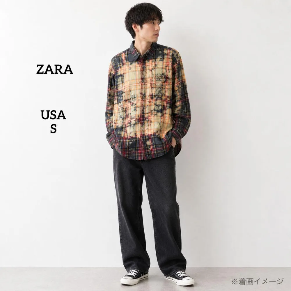 ZARA リラックスフィット ブリーチ加工チェック長袖シャツ Sサイズ 総柄