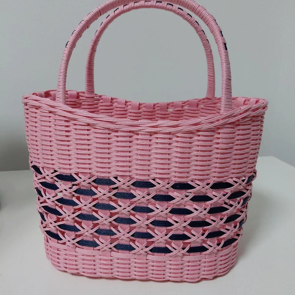 ハンドメイド かごバッグさくら ピンク×ネイビー