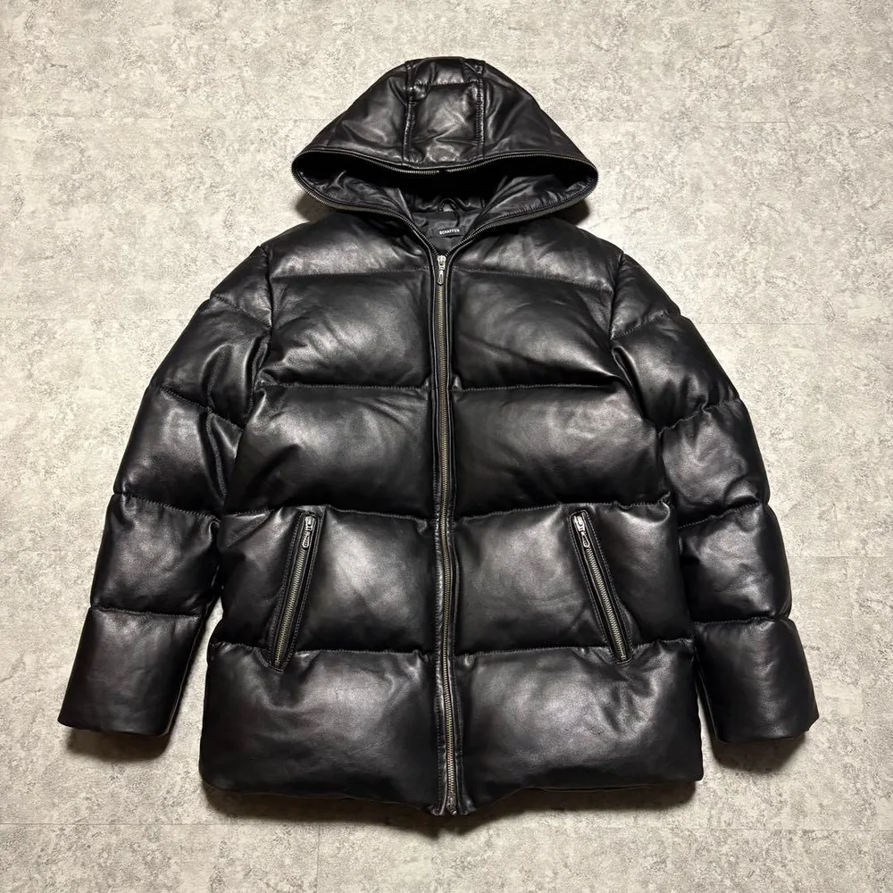 SCHAFFEN 羊革 レザー ダウンジャケット 黒 L フード 本革