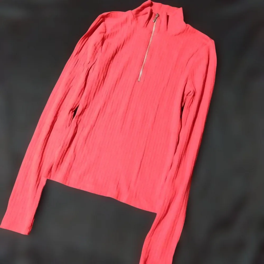 GAP リブ ハーフジップ 長袖 カットソー レッド XS