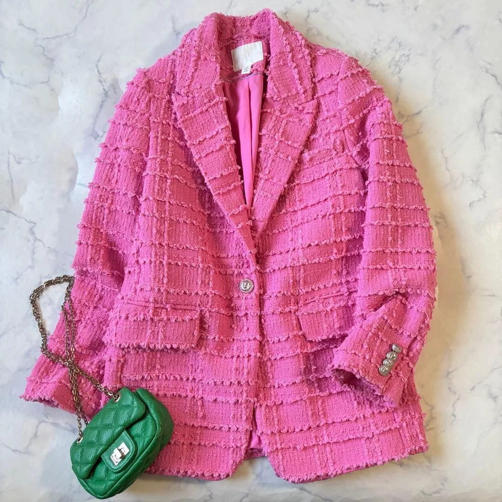 H&M ツイード テーラードジャケット ピンク 銀ボタン◆8738