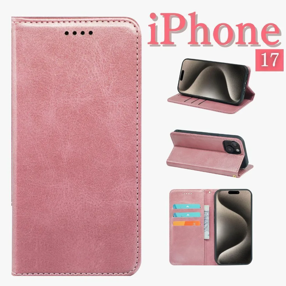 iPhone17ケース 手帳型 スマホケース スタンド機能 カード収納 ピンク