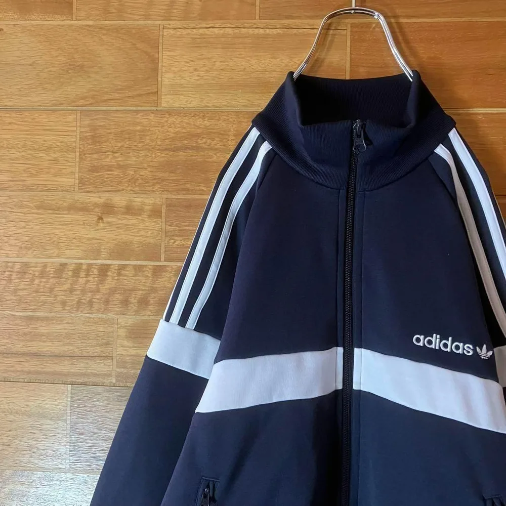 adidas トラックジャケット ジャージ ネイビー 白 トレフォイル 刺繍 M