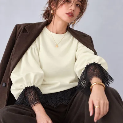 袖レース ボリュームスリーブ 白トップス 長袖 大人カジュアル 秋冬 きれいめ