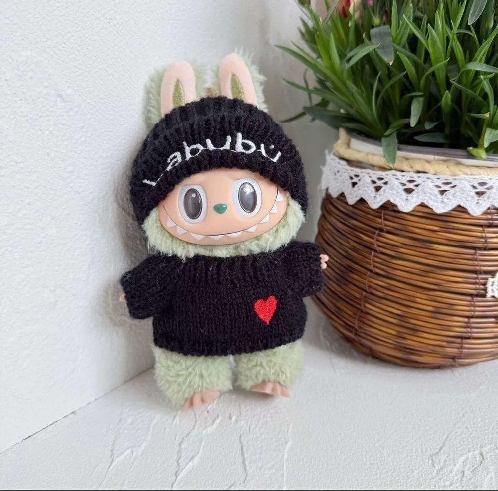 ぬい服 17㎝ ラブブ LABUBU 着せ替え服 ニット ハートセーター 黒
