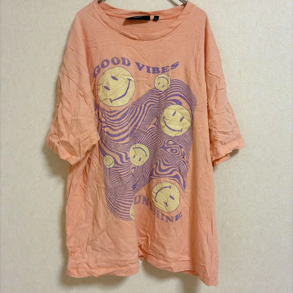 Y2K✨ノーバウンダリーズ【L】Tシャツ スマイル ピンク ビッグシルエット