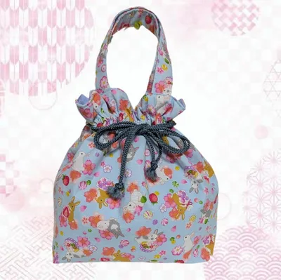 《ハンドメイド》和柄の巾着バッグ(ミニトート)No.25 和菓子とうさぎ