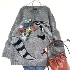 美品✨マーブルシュッド ニット セーター アナグマ 刺繍 植物 花 ウール