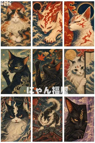 6266|和風幻想の妖猫たち にゃん福屋 パネル生地