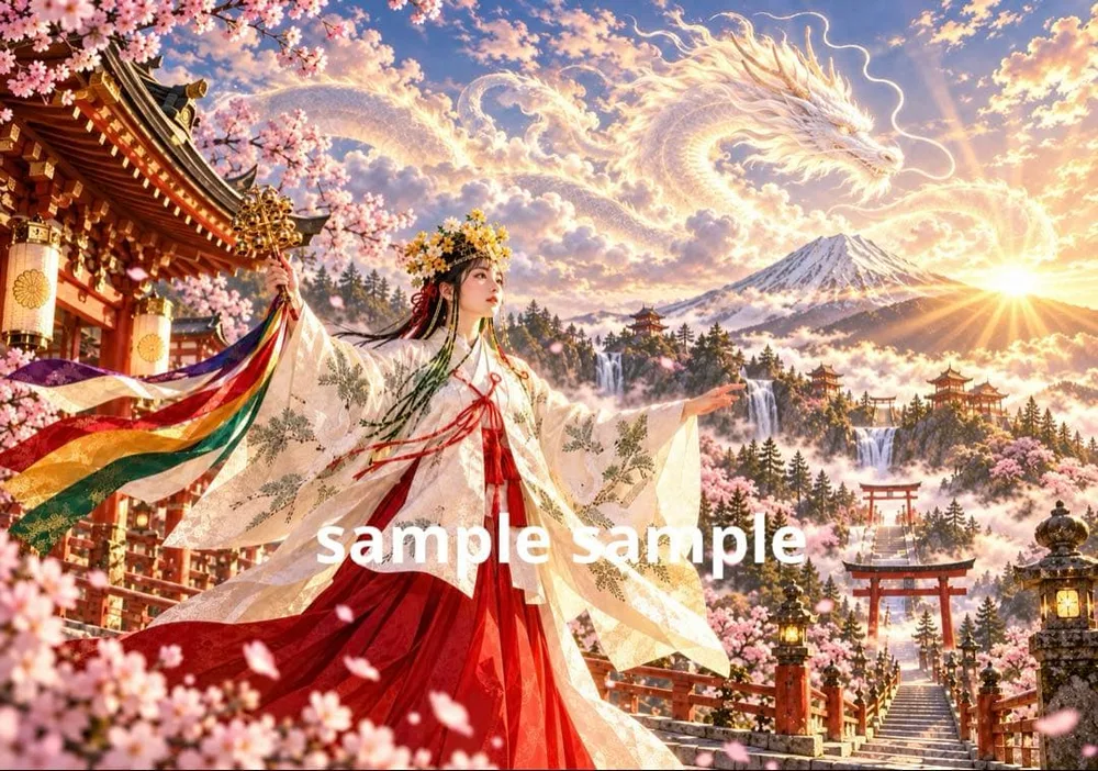 【開運アート】神域に舞う巫女と龍雲|桜・富士山・龍神