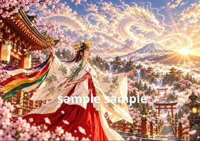 【開運アート】神域に舞う巫女と龍雲|桜・富士山・龍神