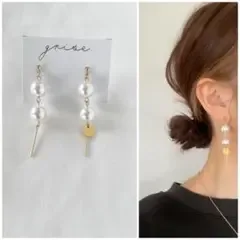 443 2連パール スティック ゴールド ピアス イヤリング ハンドメイド