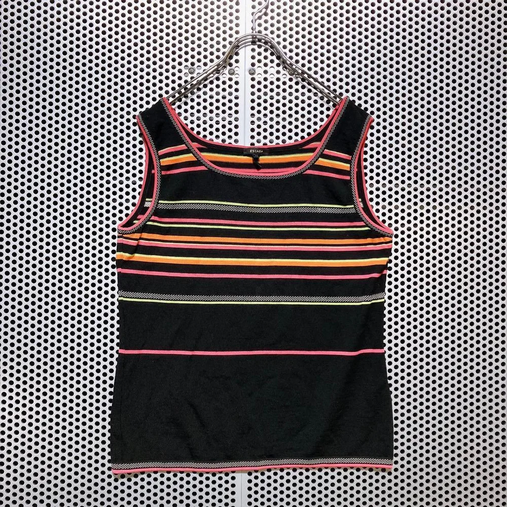 ESCADA エスカーダ ウール100% ボーダー ノースリーブニット 42 黒