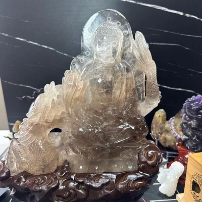 【お値打ち】希少 スモーキークォーツ 大仏×龍 特大彫刻置物 天然石 一点物