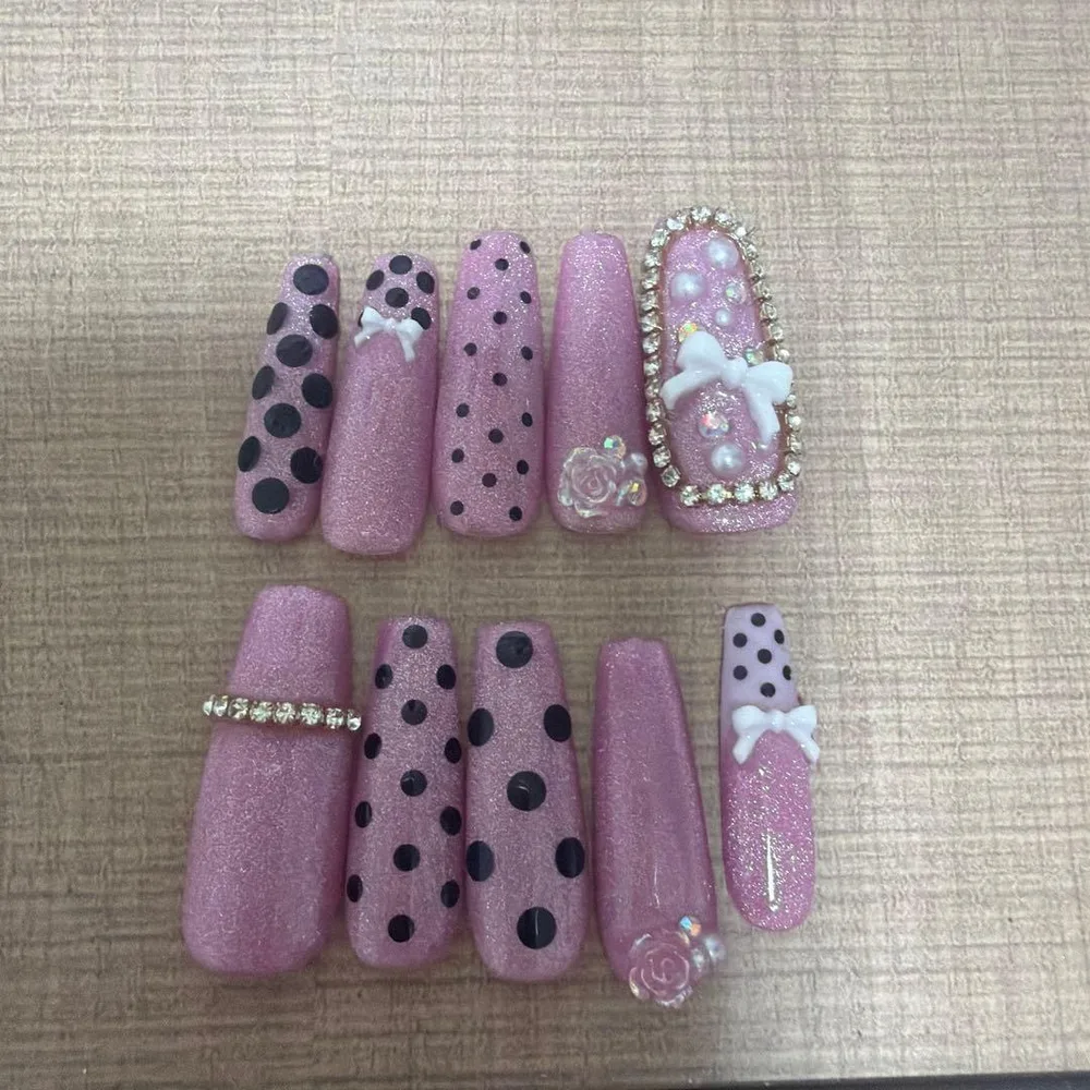 ハンドメイド ネイルチップ ドットネイル リボンネイル ガーリーネイル