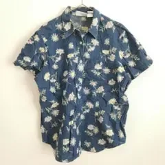 レギュラーカラー デニムシャツ 半袖 花柄 シャツ S 青 綿 カジュアル