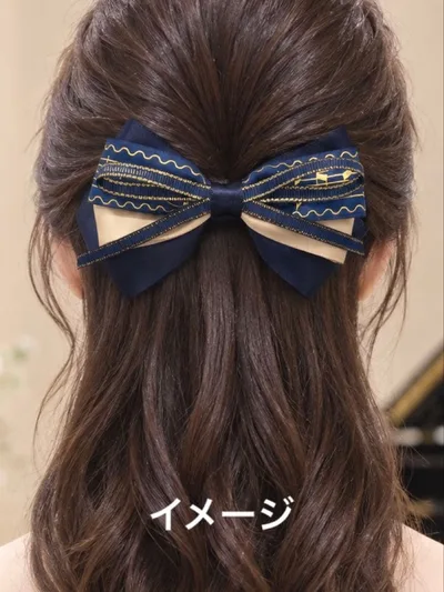 ハンドメイド♡音符柄リボンバレッタ♡ネイビーゴールドライン×ベージュ系 発表会