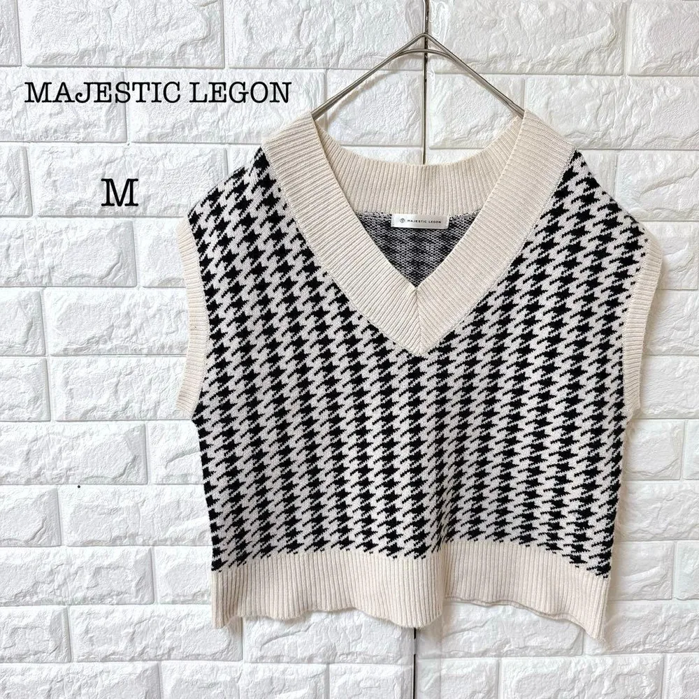 【美品】マジェスティックレゴン ニットベスト 千鳥格子柄 Vネック M