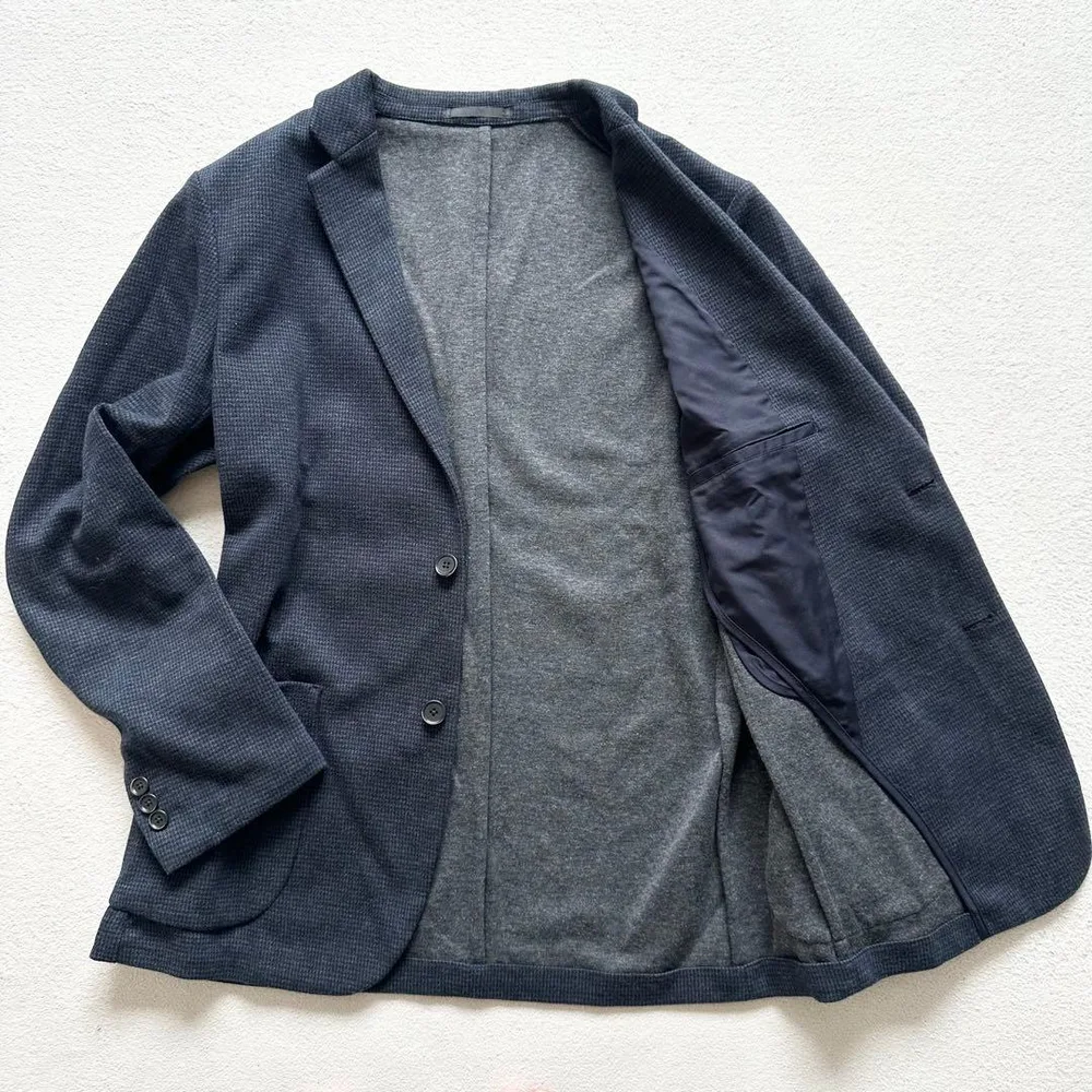 UNIQLO ユニクロ ウールブレンドニットジャケット ネイビー 千鳥格子 L