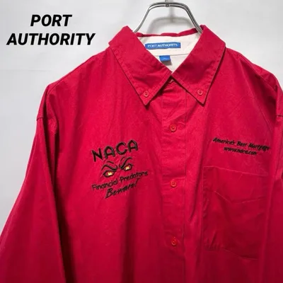 T-224 PORT AUTHORITY 長袖シャツ M赤刺繍USA古着企業ロゴ