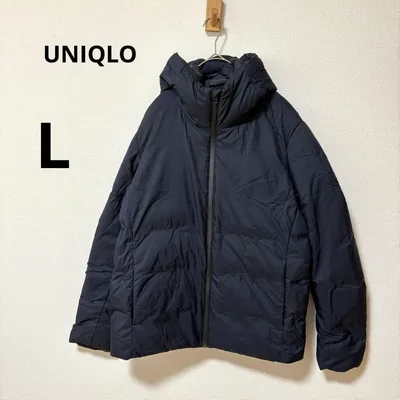 美品 UNIQLO メンズ L ネイビー フード付きダウンジャケット ネイビー