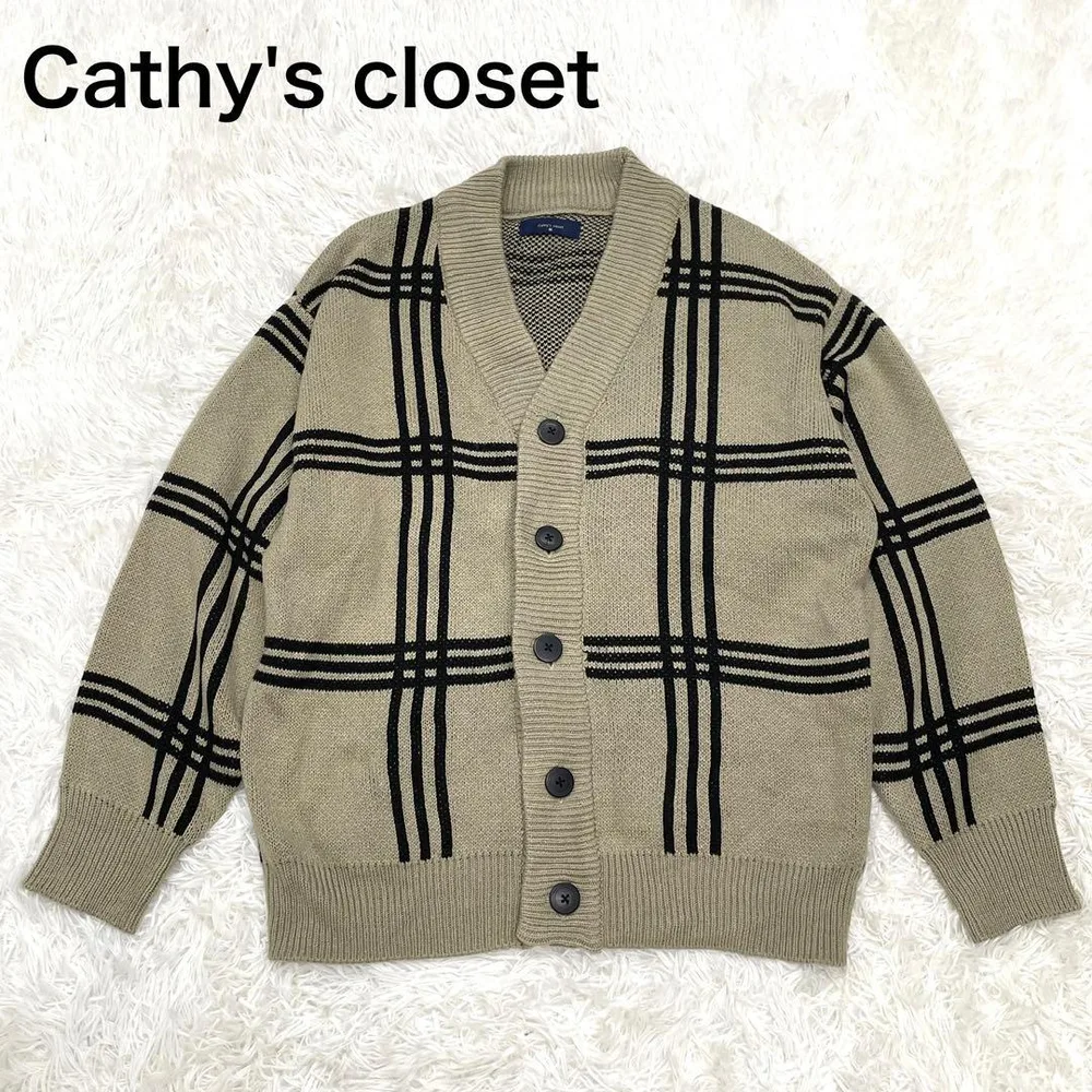キャシーズ クロセット チェック柄 カーディガン ブラウン系 M ざっくりニット