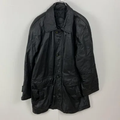 ヴィンテージ 本革 牛革 レザージャケット ハーフコート 黒 肩パット レトロ