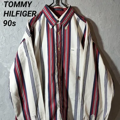 90s トミーヒルフィガー マルチストライプ 長袖シャツ 刺繍ロゴ L 太アーム