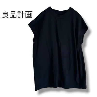 無印良品 フレンチスリーブカットソー 天竺編み クルーネック シンプル 黒 L