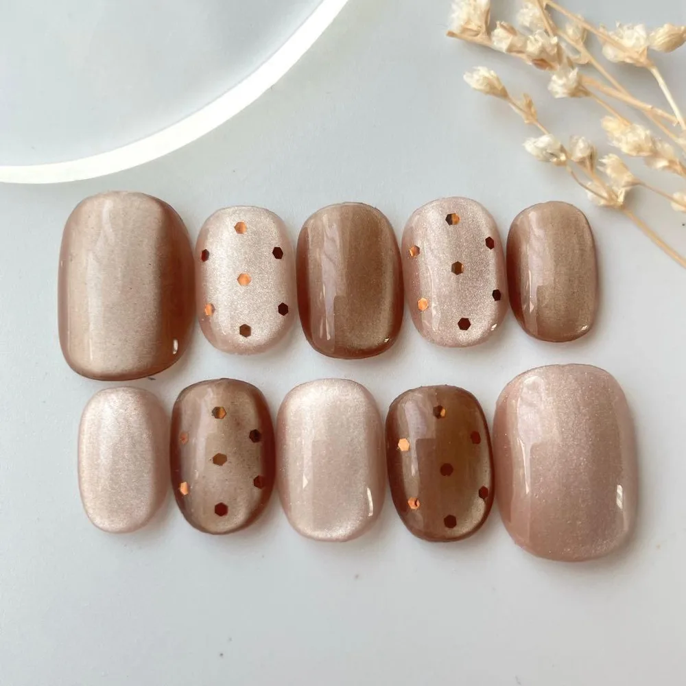【現品】ネイルチップ ドットネイル ブラウン×ベージュ マグネット 大人可愛い