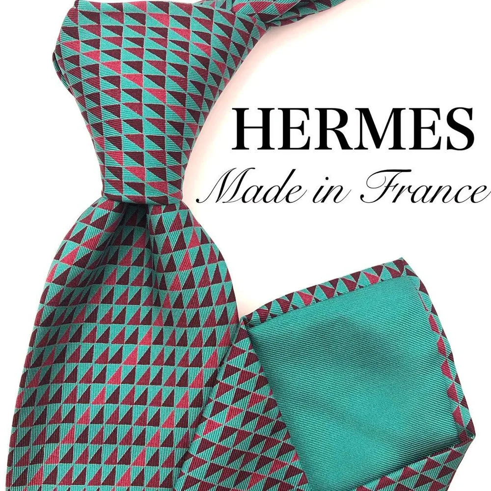 HERMES エルメス ネクタイ グリーン 赤 トライアングル 幾何学 総柄