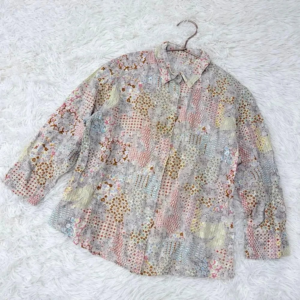 総柄ブラウス レトロ パッチワーク風 トップス シャツ 七分袖 花柄 大人可愛い