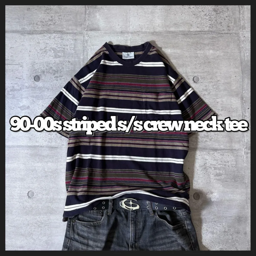 90-00s striped crew neck s/s tee y2k