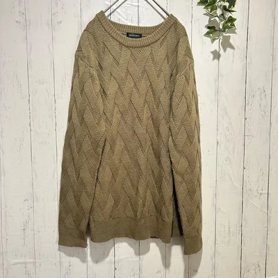 【サムディフ】メンズ ケーブルニット セーター Lサイズ カーキ系 アクリル