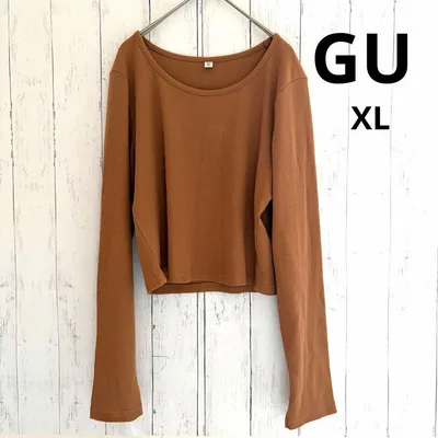 【GU】ブラウン リブ クロップド 長袖カットソー シンプル 無地 XL