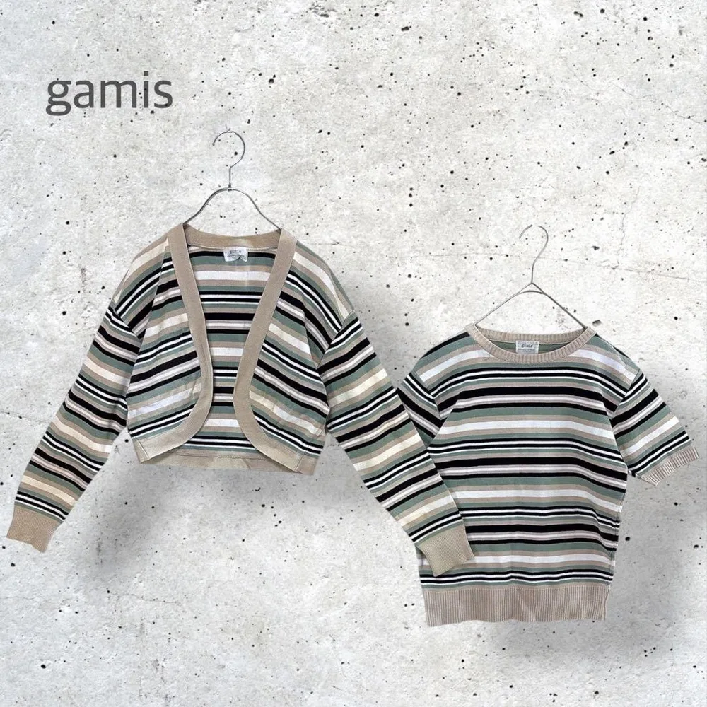 ★【gamis】 アンサンブル 半袖ニット カーディガン ボタンレス ボーダー