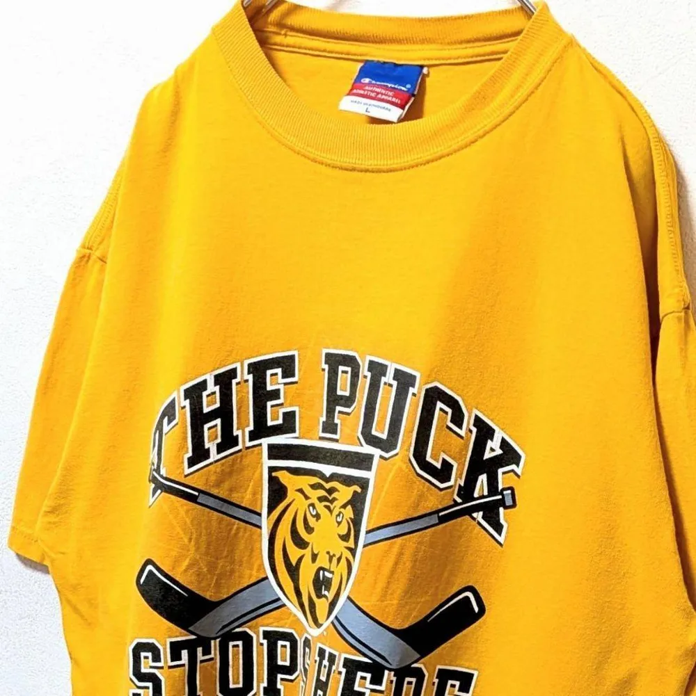 チャンピオン コロラドカレッジホッケー デカロゴ Tシャツイエロー黄色L古着