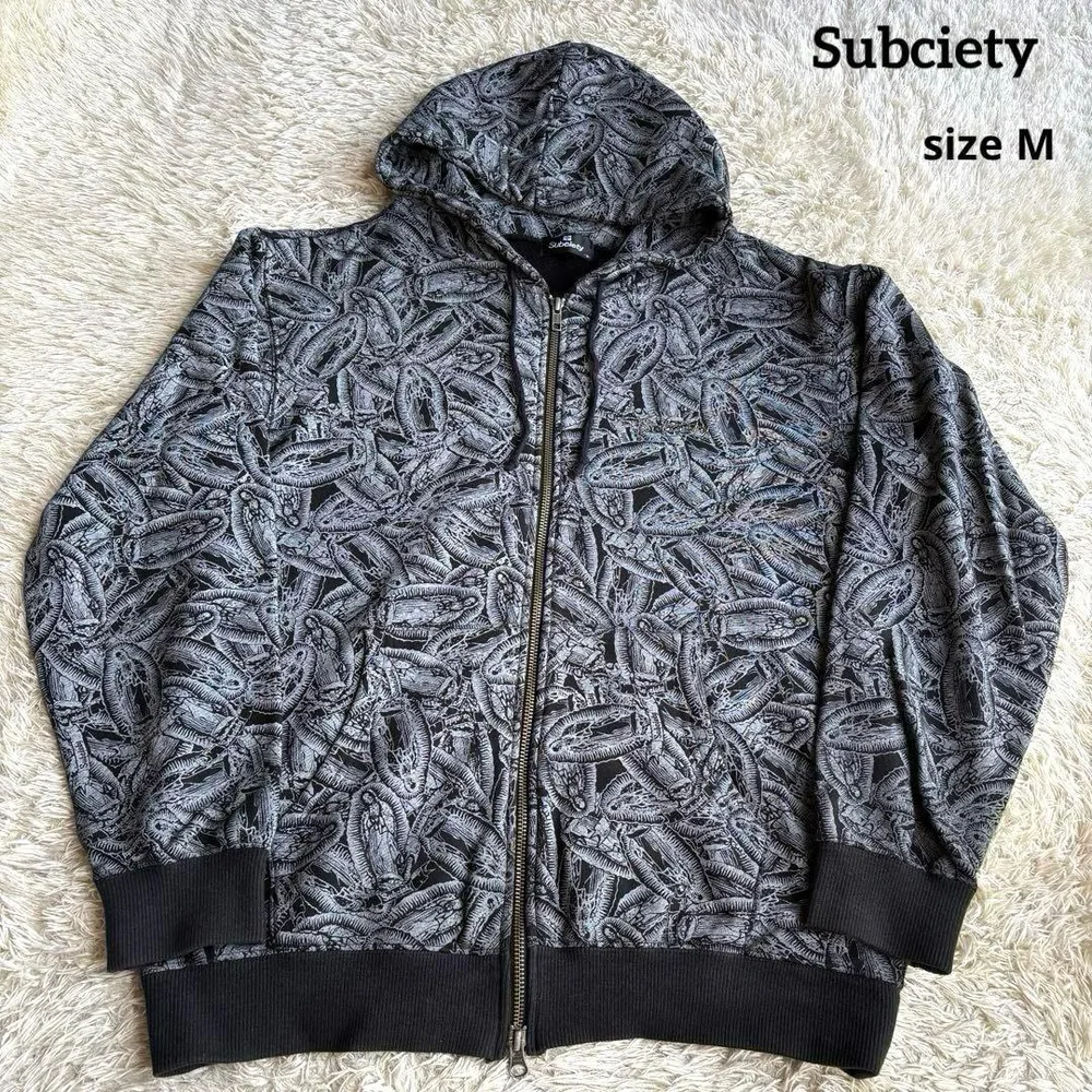 【✨美品】Subciety スカルマリア フーディパーカー 総柄 黒 M