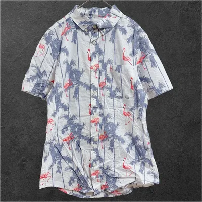 グッドフェロー シャツ ボタンダウン 半袖 ヤシの木フラミンゴ S 白 綿 夏