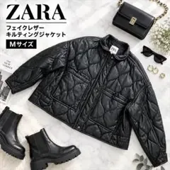 ZARA フェイクレザー キルティングジャケット ブラック M
