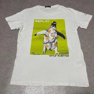 REPLAY ペンギン プリントTシャツ 白 M 半袖 コットン メンズ