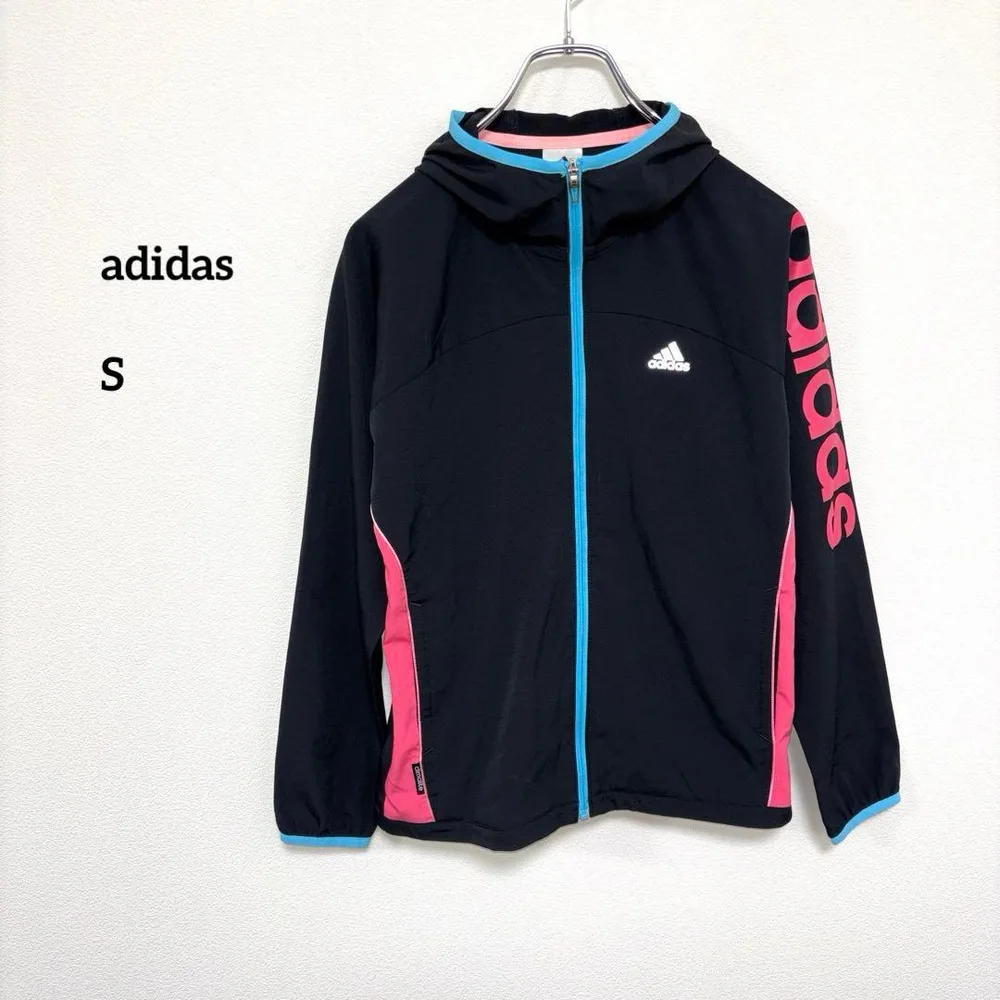 adidas ウィンドブレーカー S 黒/ピンク/青フード付e048