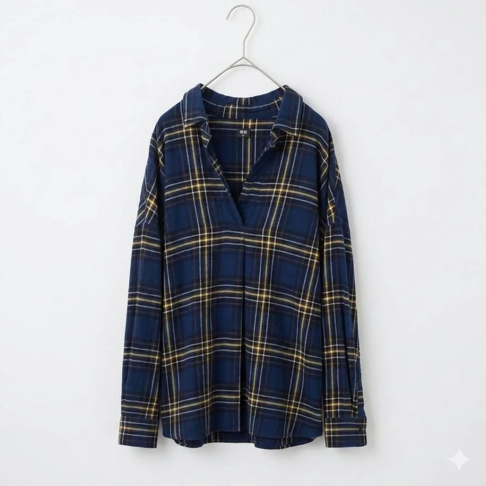 ユニクロ チェック柄 長袖 シャツ XL 紺 黄 綿 UNIQLO カジュアル