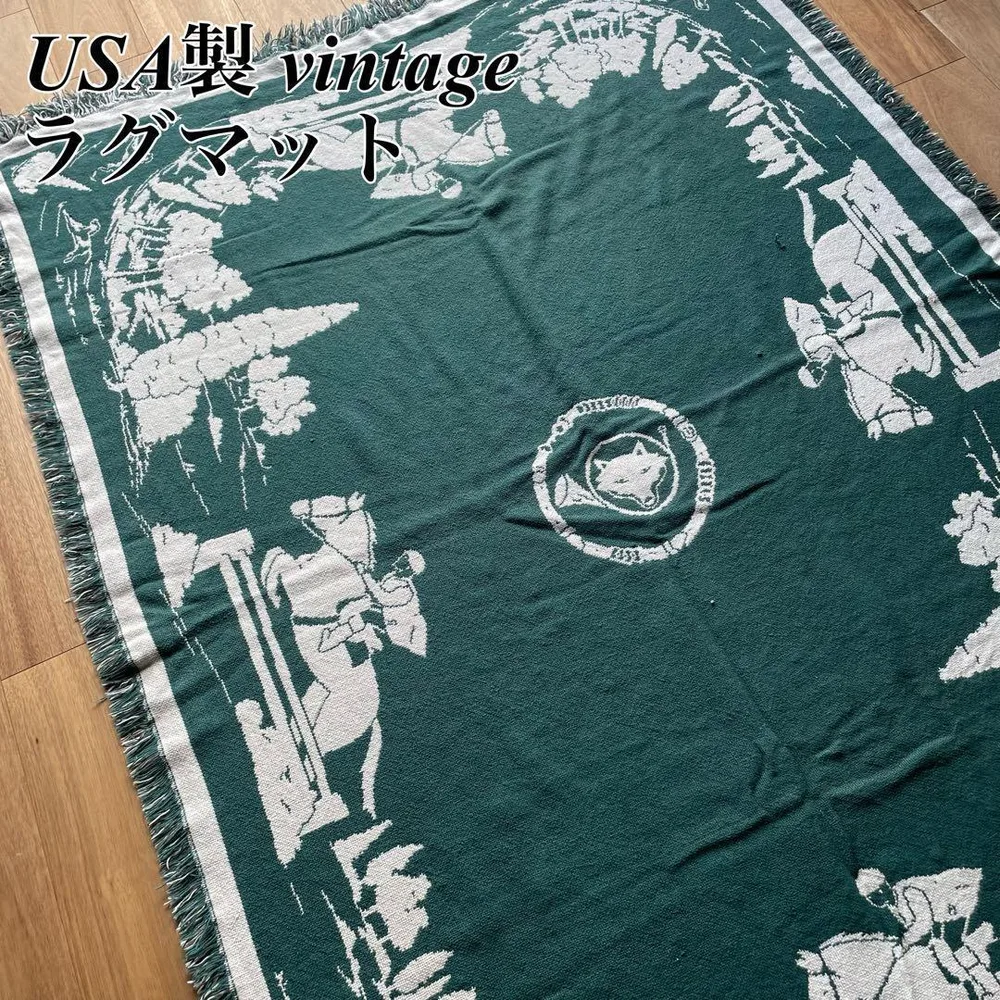 【希少】USA製 vintage ラグマット 乗馬 ホーン 狩猟柄 タペストリー