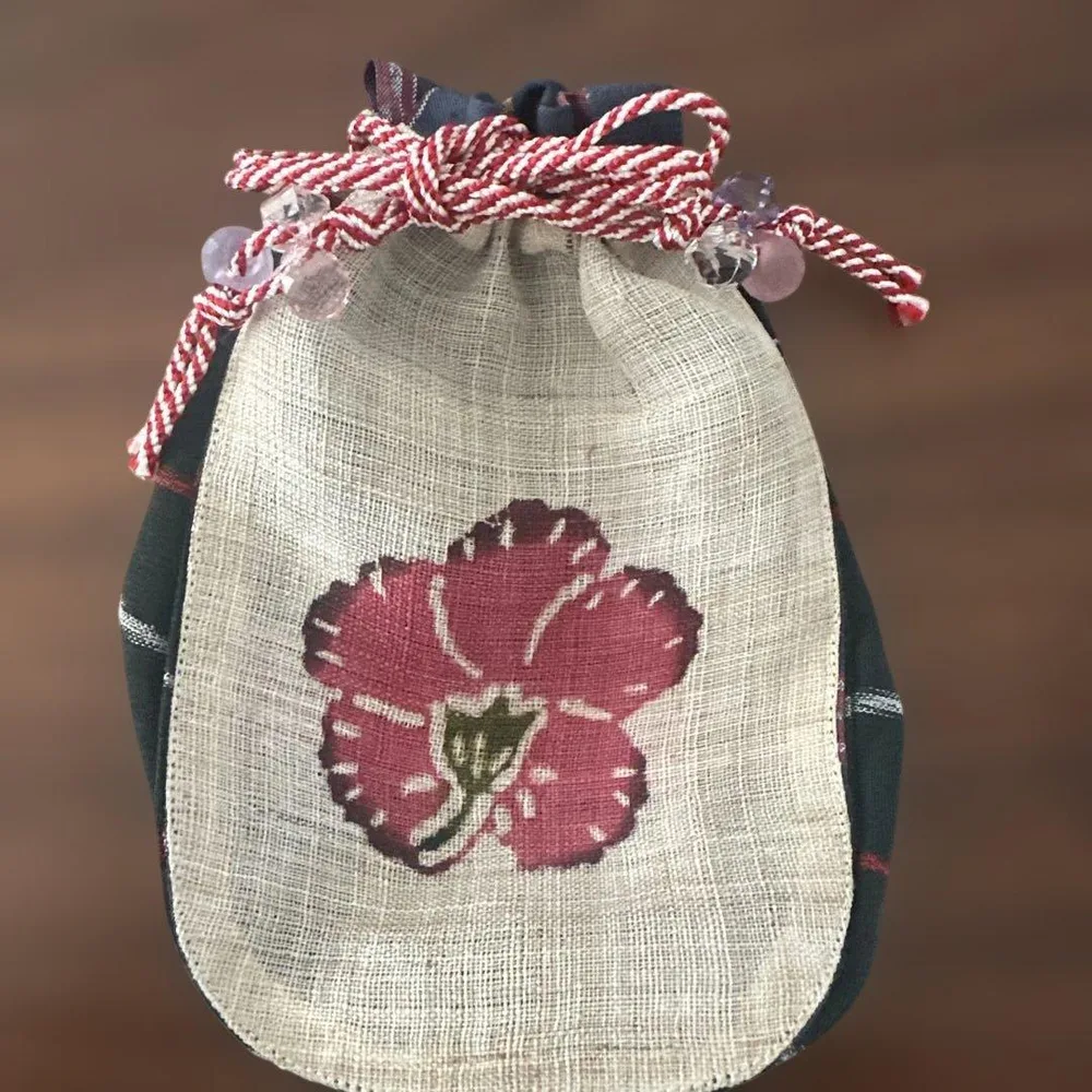 沖縄紅型 伝統工芸 巾着袋 マチつき ハンドメイド ハイビスカス お土産